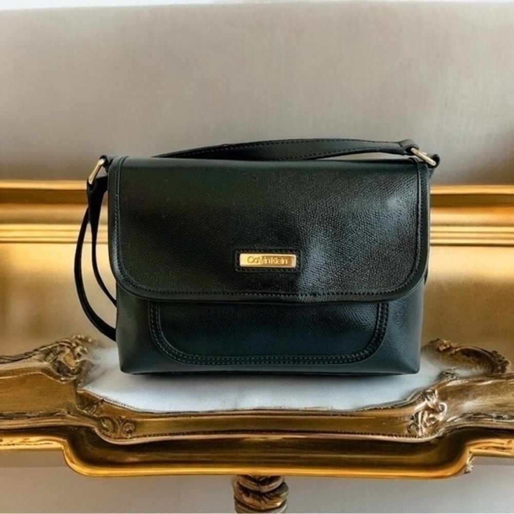 Calvin Klein Black PU Leather Crossbody Bag Gold Accents Good Plus Condition
